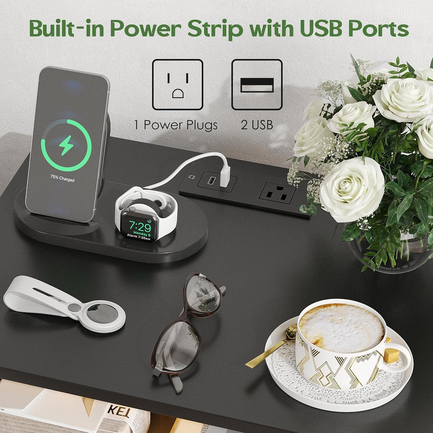 LED Wood Night Stand with Charging Station, Black Nightstand Bedside Table with 2 USB Ports & Outlets, Nightstands with 2 Large Drawers, End Side Table Dresser with Storage Shelf for Bedroom.