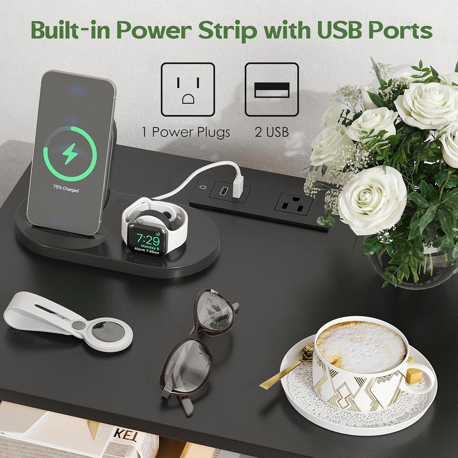 LED Wood Night Stand with Charging Station, Black Nightstand Bedside Table with 2 USB Ports & Outlets, Nightstands with 2 Large Drawers, End Side Table Dresser with Storage Shelf for Bedroom.