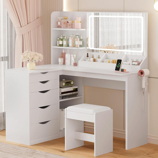 Vanity Desk with Lights and Mirror, L Shaped Makeup Table, Dresser with Hairdryer Holder and Power Outlet, Adjustable 3 Lighting Modes, 5 Drawers and Adjustabled Open Storage Shelves, White