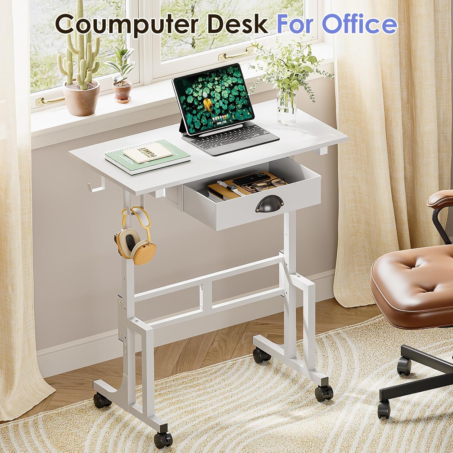 Samll White Standing Computer Desk with Drawers,Height Adjustable Home Office Sit Stand up Desk with 4 Wheels & 2 Hooks,Portable Rolling Work Study Gaming Table for Laptop Tablet Walking Pad Treadmill
