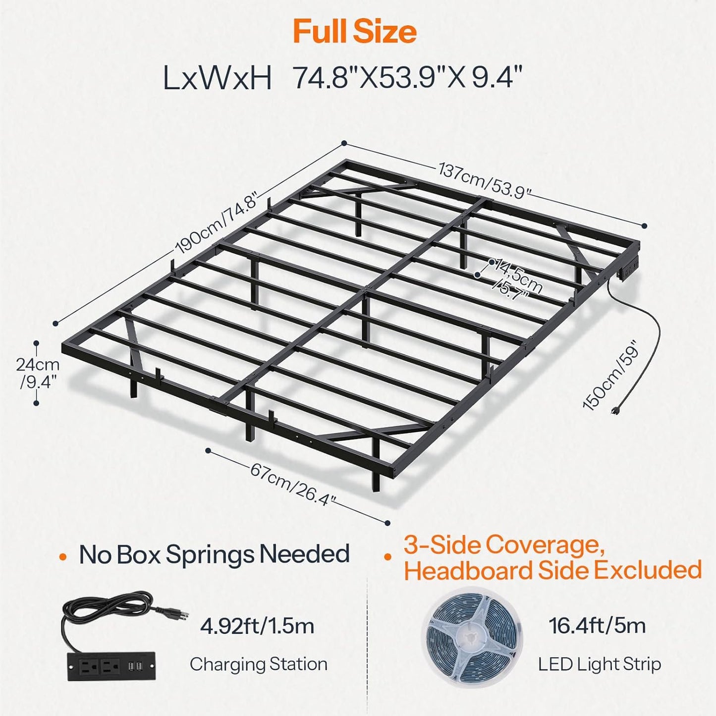 Floating Bed Frame Full Size, Bed Frame with Charging Station and LED Lights, Industrial Style Metal Platform Full Bed, Soundless, No Box Springs Needed, Black