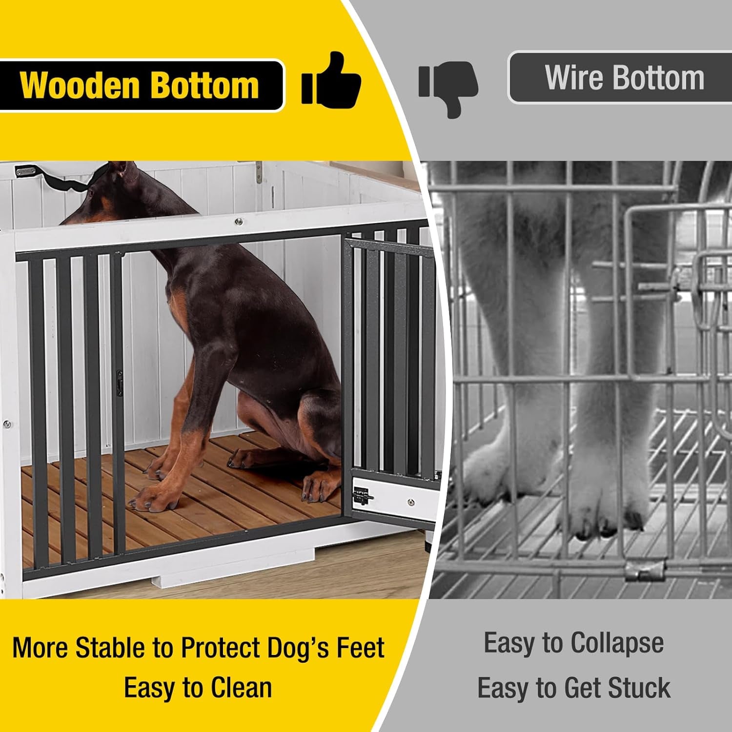 Dog Crate Furniture Foldable Side End Table Expandable Solid Wood Dog Kennel with 360° Rotatable Dog Bowls Indoor Cage, No Assembly Needed (Right Door Removable)
