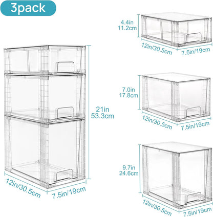 3 Pack Clear Stackable Storage Drawers,Easy to Assemble Bathroom Organizers and Storage with Handles,Plastic Drawers for Kitchen Pantry,Cabinet,Under Sink Organization