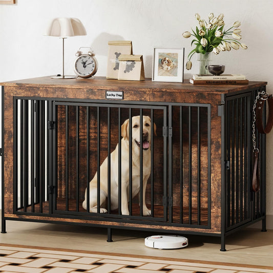 XL Dog Crate Furniture 48'', Heavy Duty Wooden Dog Kennel Indoor, XXL Large Cage End Table, 48'' X 24'' X 30'', Extra Large Pet House TV Stand with Name Tag & Divider for Big Breeds