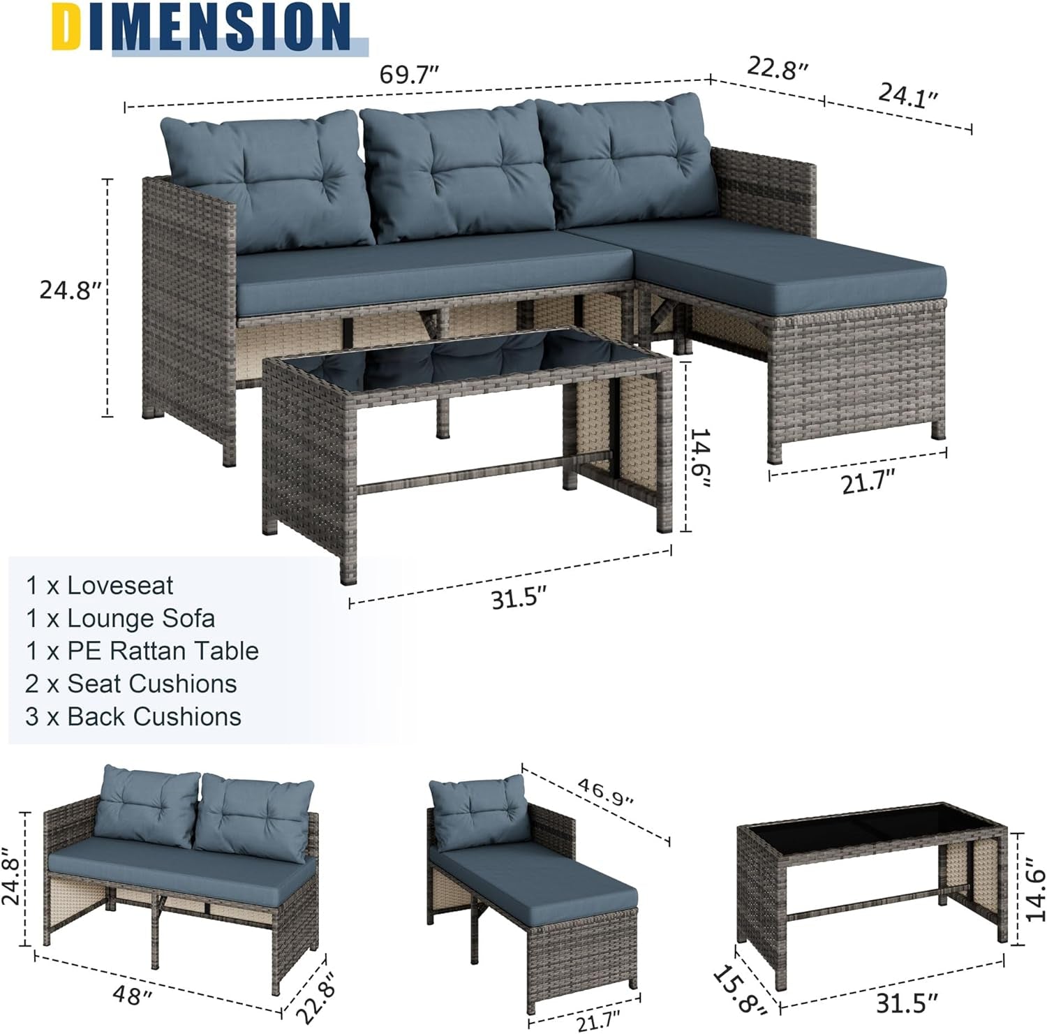 3 Pieces Patio Furniture Sets, All-Weather Wicker Outdoor Sofa Couch Sectional Set, Small Conversation Set for Patio, Garden W/Cushion, Glass Table, (Blue)