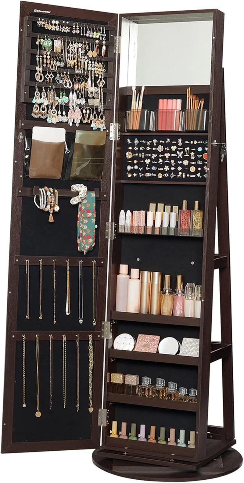 360° Swivel Jewelry Cabinet, Lockable Jewelry Organizer with Full-Length Mirror, Rear Storage Shelves, Interior Mirror, Jewelry Armoire, Gift Idea, Rustic Brown UJJC006X01