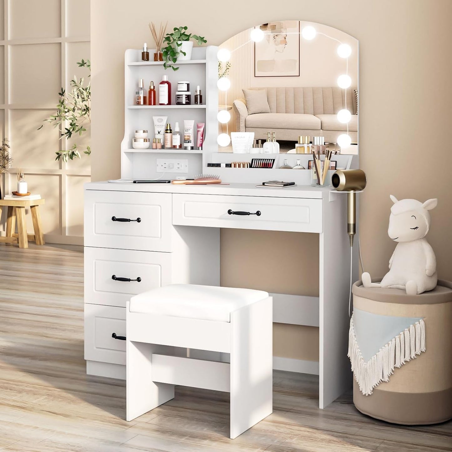 Makeup Vanity Desk with Lights and Charging Station, White Vanity Set Makeup Table with 4 Drawers Lots Storage, 3 Lighting Colors, Large Size 39.4In(W)