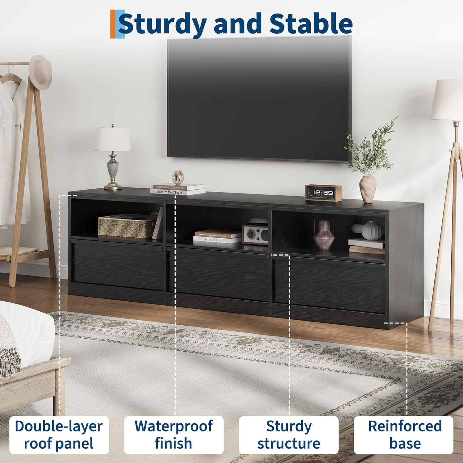 70 Inch TV Stand for 80" Tvs, Mid Century Modern Entertainment Center with Storage Drawer & Open Shelves, Wood Media Console Cabinet for Living Room/Bedroom, Black