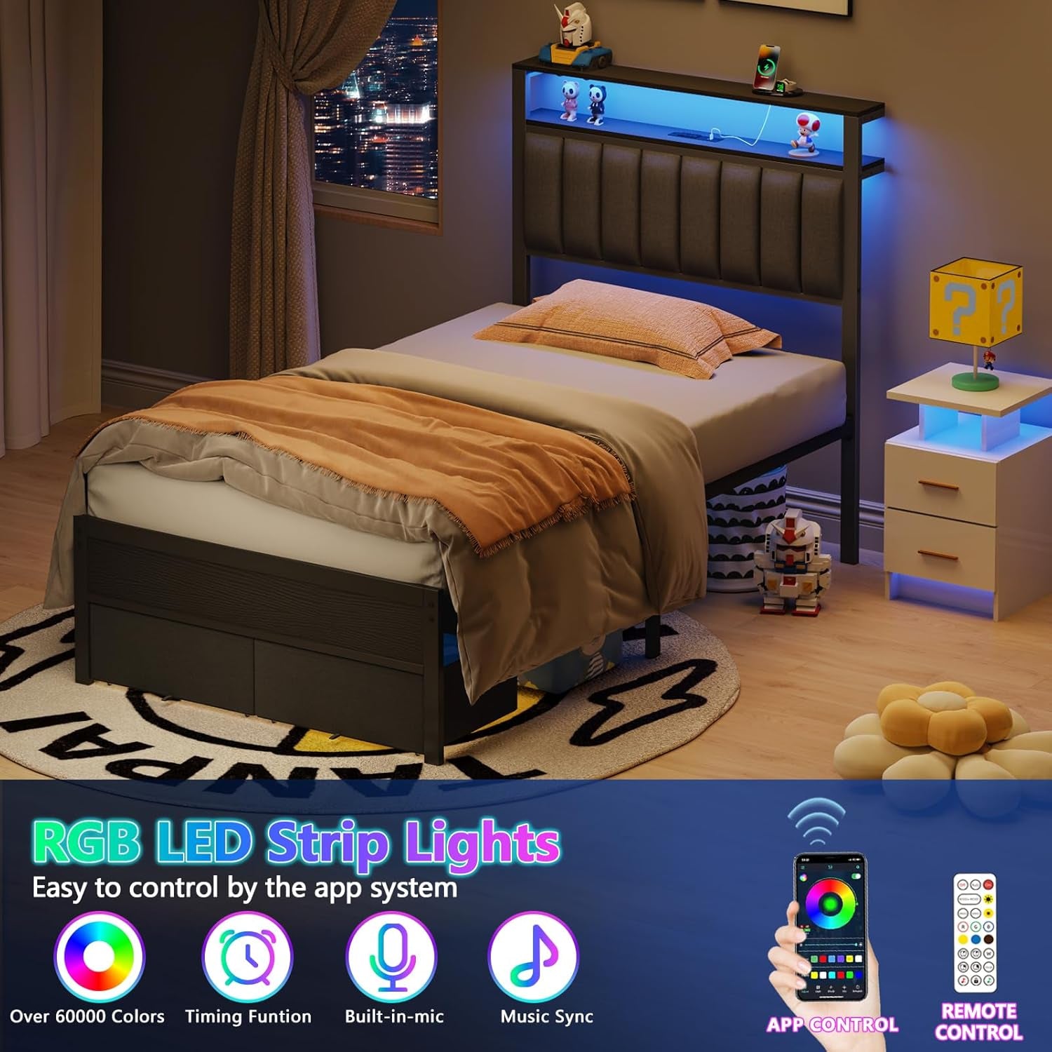 Twin Bed Frames with Charging Station and LED Lights, Grey Upholstered Headboard with Shelves, Metal Platform Bed with 2 Under-Bed Storage (Fabric Drawer on Wheels), No Box Spring Needed