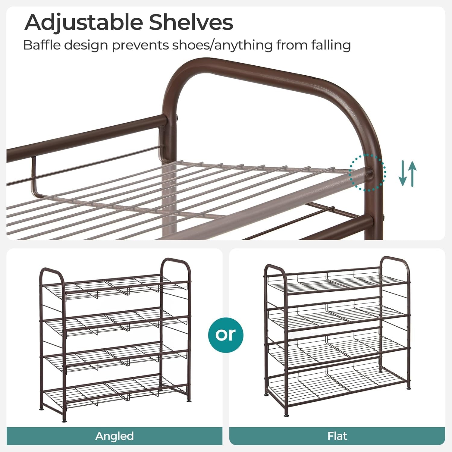 Stackable Shoe Rack, 4 Tier Metal Shoes Rack Storage Shelf, Holds up to 20 Pairs Shoes, Adjustable Slanted Shelves Tower Organizer for Closet Entryway Small Spaces, Bronze