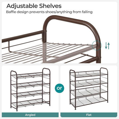 Stackable Shoe Rack, 4 Tier Metal Shoes Rack Storage Shelf, Holds up to 16 Pairs Shoes, Adjustable Slanted Shelves Tower Organizer for Closet Entryway Small Spaces, Bronze