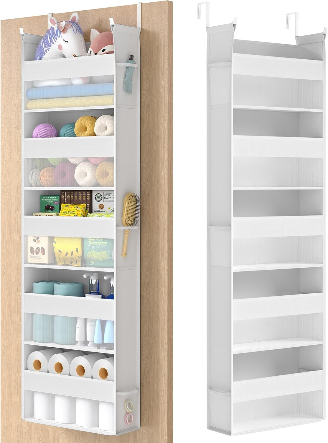 over the Door Organizer, Hanging Door Organizer with 5 Large Pockets, 5-Tier Fabric Storage, Transparent Nylon Mesh, Foldable, Metal Hooks, with Side Pouches, Cloud White URDH007W01