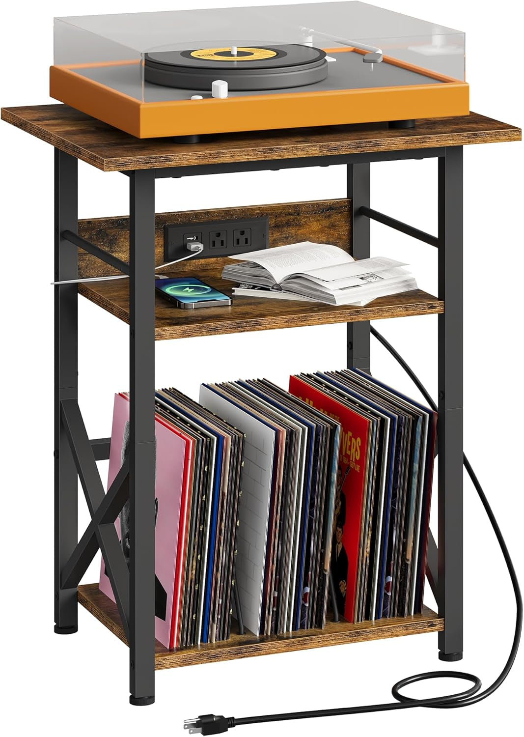 Record Player Stand with Power Outlet, Vinyl Record Storage Side Table, 19" Large Tabletop, Charging Station & Crossed Frame Design for Turntable, Rustic Brown and Black TBZ48UBF