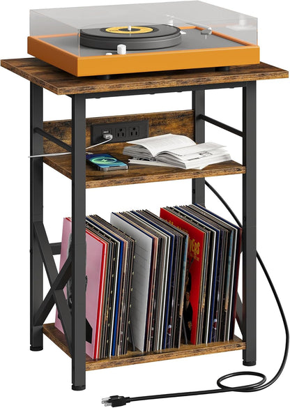 Record Player Stand with Power Outlet, Vinyl Record Storage Side Table, 19" Large Tabletop, Charging Station & Crossed Frame Design for Turntable, Rustic Brown and Black TBZ48UBF