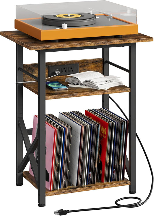 Record Player Stand with Power Outlet, Vinyl Record Storage Side Table, 19" Large Tabletop, Charging Station & Crossed Frame Design for Turntable, Rustic Brown and Black TBZ48UBF