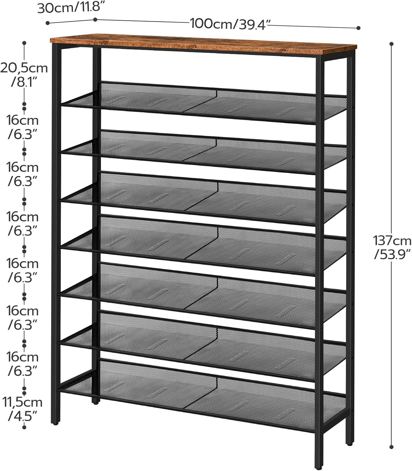 Shoe Rack for Entryway, 8-Tier Shoe Shelf, Large Capacity Shoe Storage Organizer for 32-40 Pairs of Shoes, Front Door Entrance, Hallway, Closet, Space Saver, Rustic Brown and Black BF118XJ01