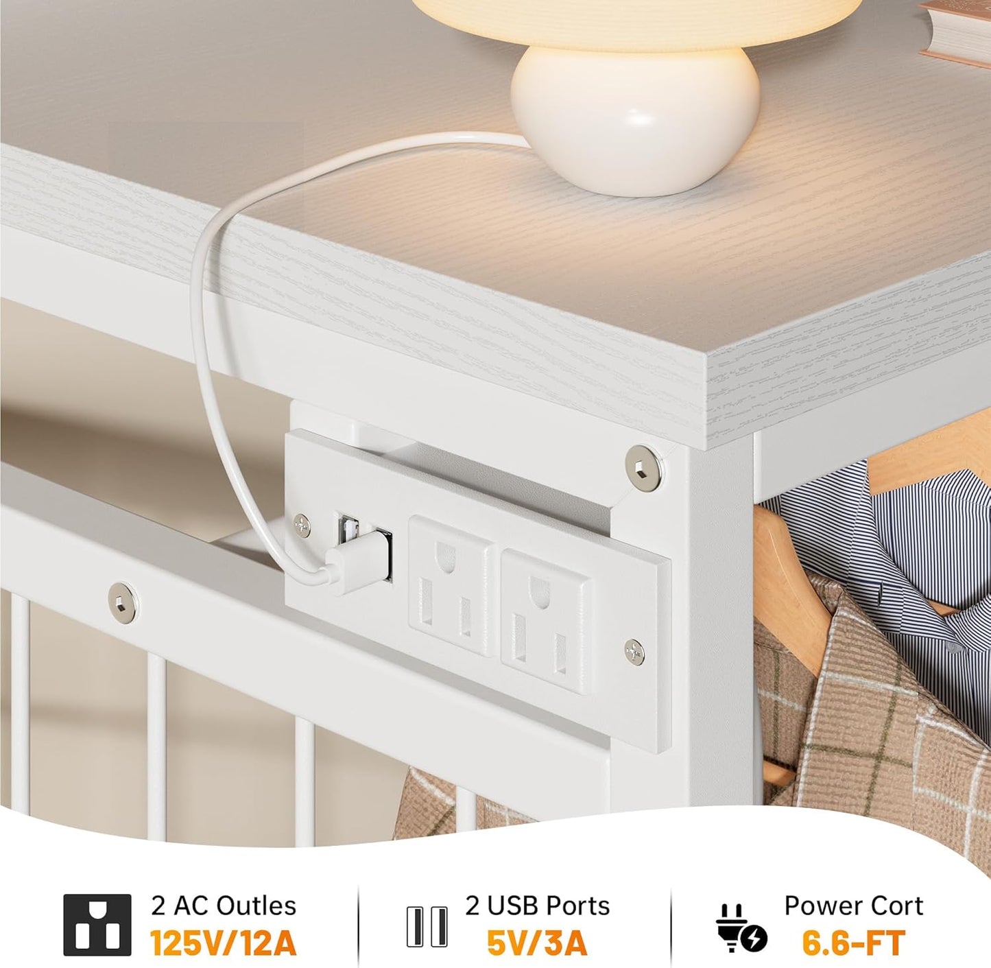 49.2" W White Dresser for Bedroom with Hanging Rack, 6 Drawers Dresser with LED Lights & Charging Station, Fabric Dressers & Chest of Drawers with Rack, Wooden Top, Grid Panel
