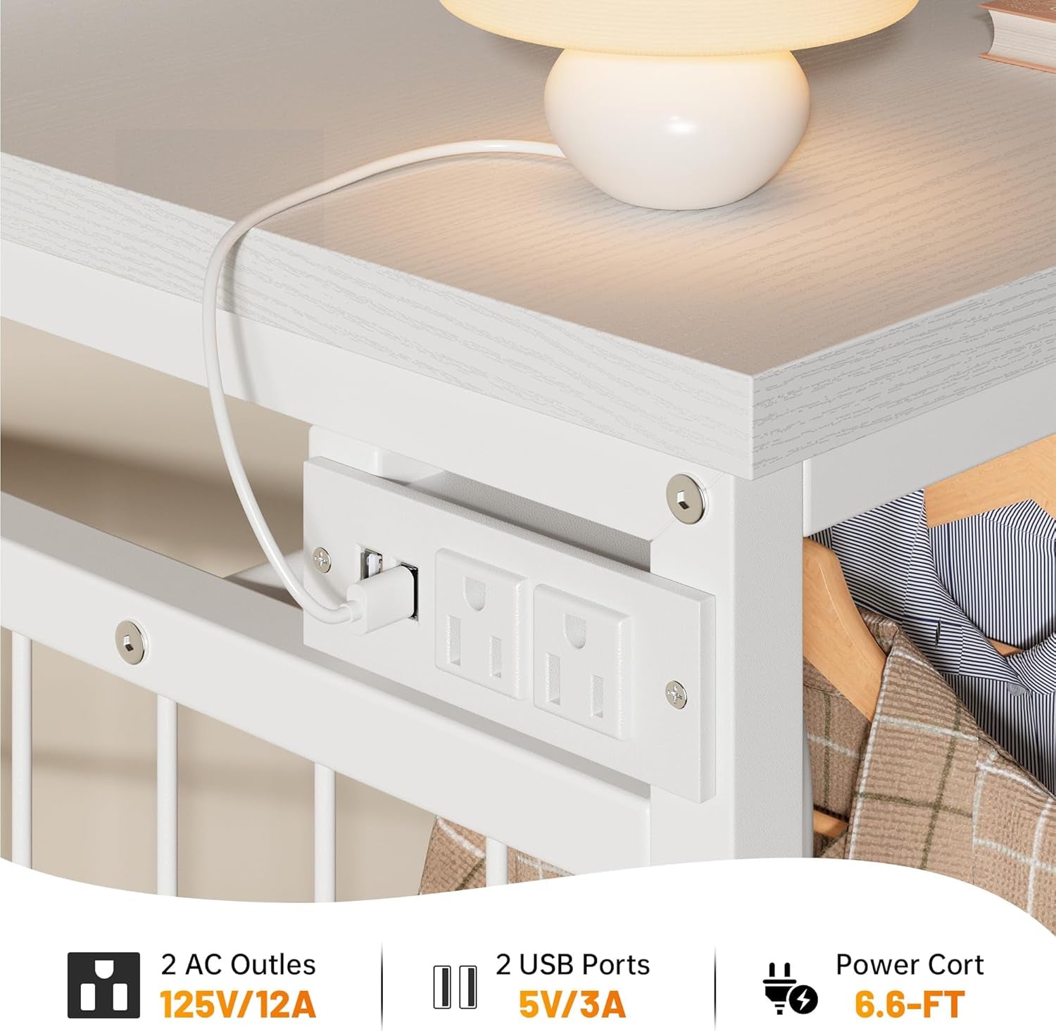 49.2" W White Dresser for Bedroom with Hanging Rack, 6 Drawers Dresser with LED Lights & Charging Station, Fabric Dressers & Chest of Drawers with Rack, Wooden Top, Grid Panel