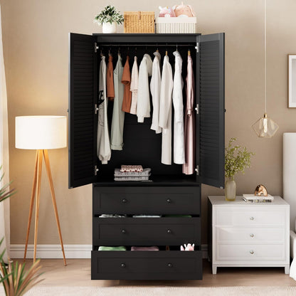 Armoire Wardrobe Closet with Drawers, 69.5 in Wooden Wardrobe Cabinet with Hanging Rod, 2 Doors Clothing Storage Cabinet for Bedroom, Large Capacity Storage, Louvered Door, Black