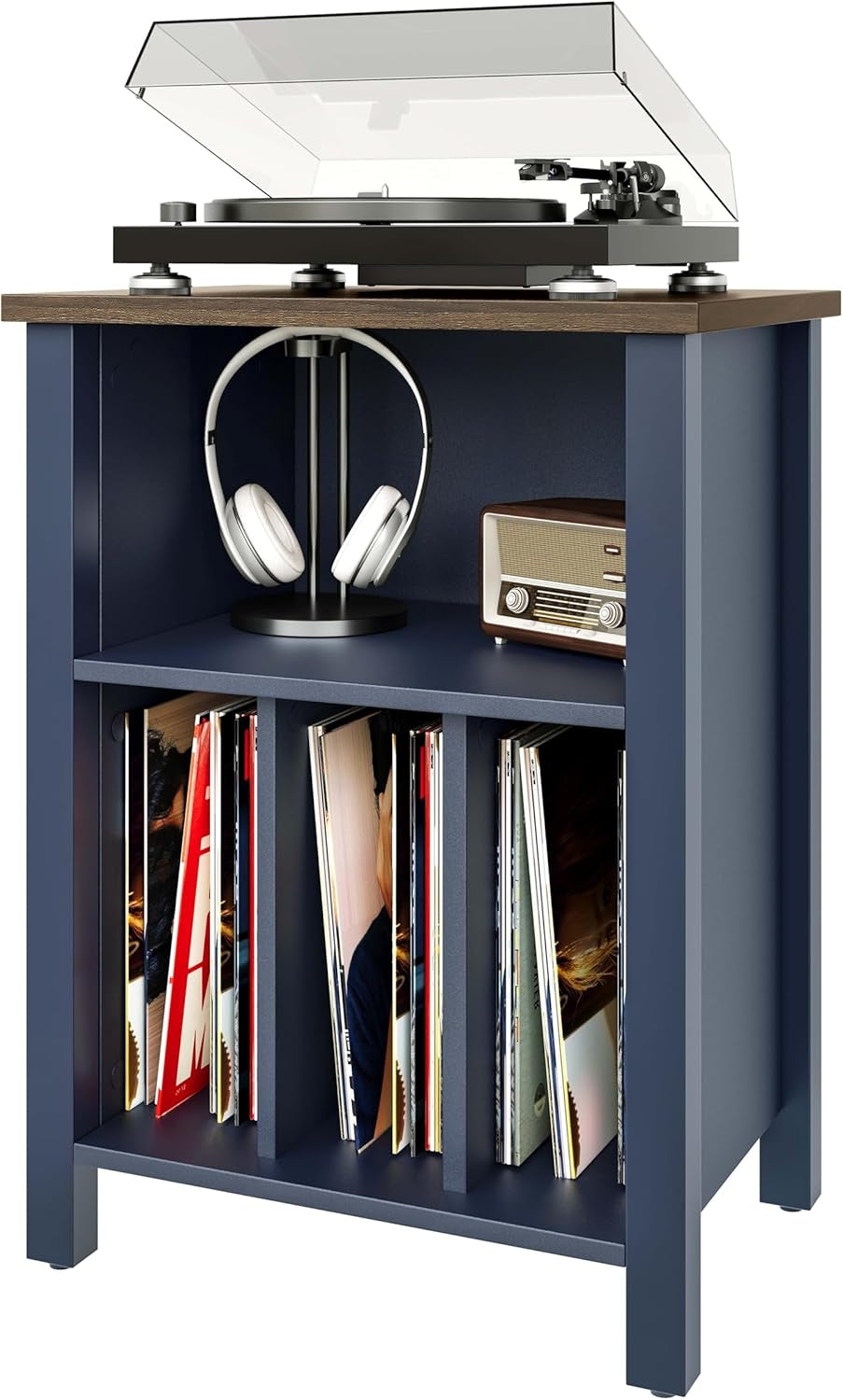 Record Player Stand, Vinyl Record Storage Table End Table with Display Shelf Holds up to 130 Albums, Large Nightstand Wood Turntable Stand Cabinet Side Table for Living Room, Bedroom, Blue