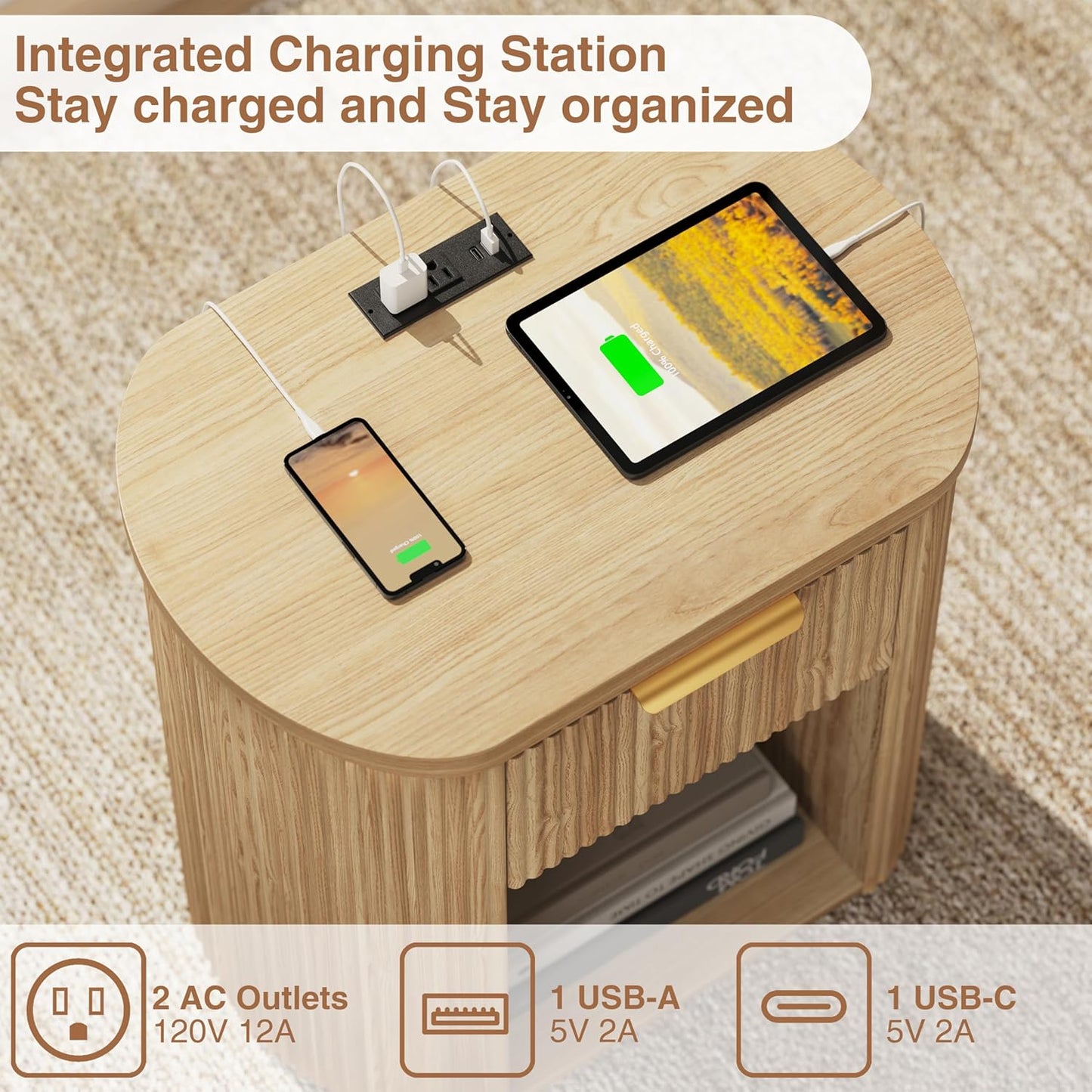 Fluted Nightstand with Charging Station, 23.6" Large Bedside Side Table with Drawer, Wood End Table with Storage, Curved round Corner, Furniture Bedroom Sofa, Mid Century Modern, Farmhouse Boho,Oak