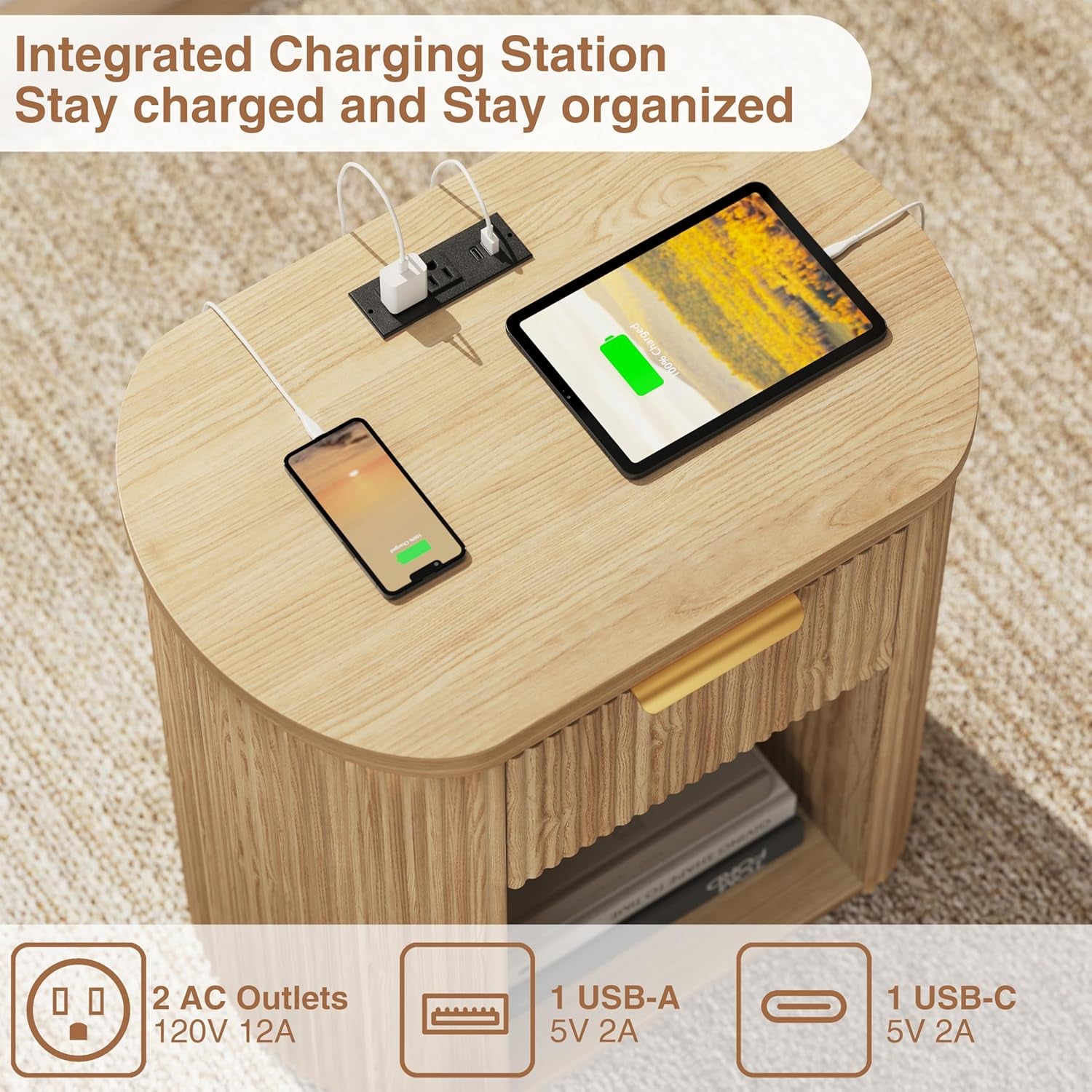 Fluted Nightstand with Charging Station, 23.6" Large Bedside Side Table with Drawer, Wood End Table with Storage, Curved round Corner, Furniture Bedroom Sofa, Mid Century Modern, Farmhouse Boho,Oak