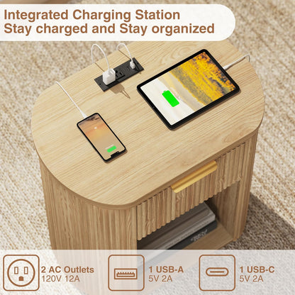 Fluted Nightstand with Charging Station, 23.6" Large Bedside Side Table with Drawer, Wood End Table with Storage, Curved round Corner, Furniture Bedroom Sofa, Mid Century Modern, Farmhouse Boho,Oak