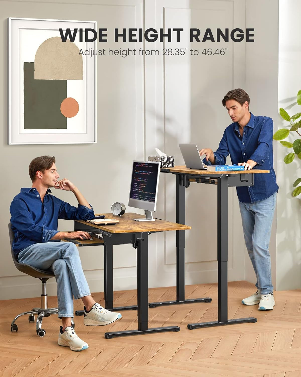 Electric Standing Desk with Keyboard Tray, 44X24 Inches Adjustable Height Sit Stand up Desk, Home Office Desk Computer Workstation, Vintage Brown