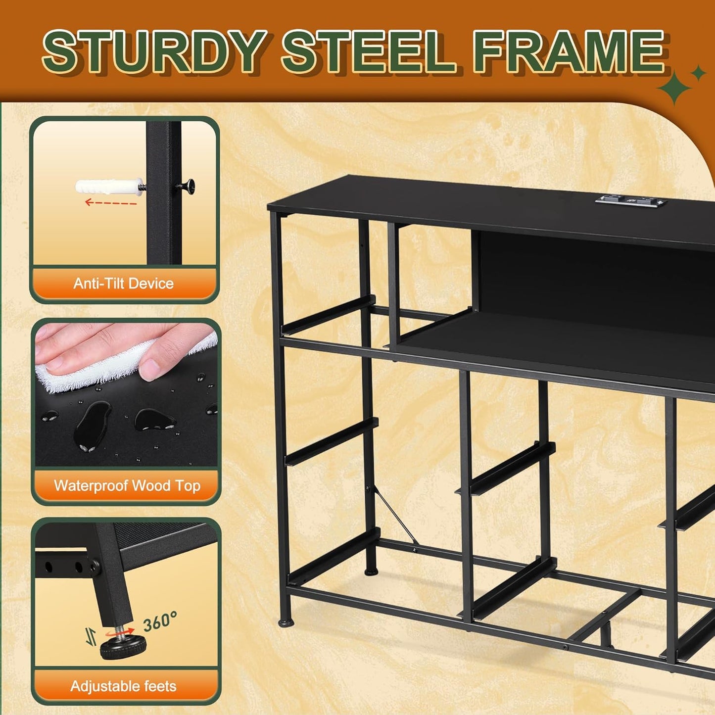 Black TV Stand for 45, 50, 55 Inch TV, TV Media Console Table with LED Lights & Charging Station, Entertainment Center with 8 Fabric Drawers and Open Shelves for Living Room, Hallway