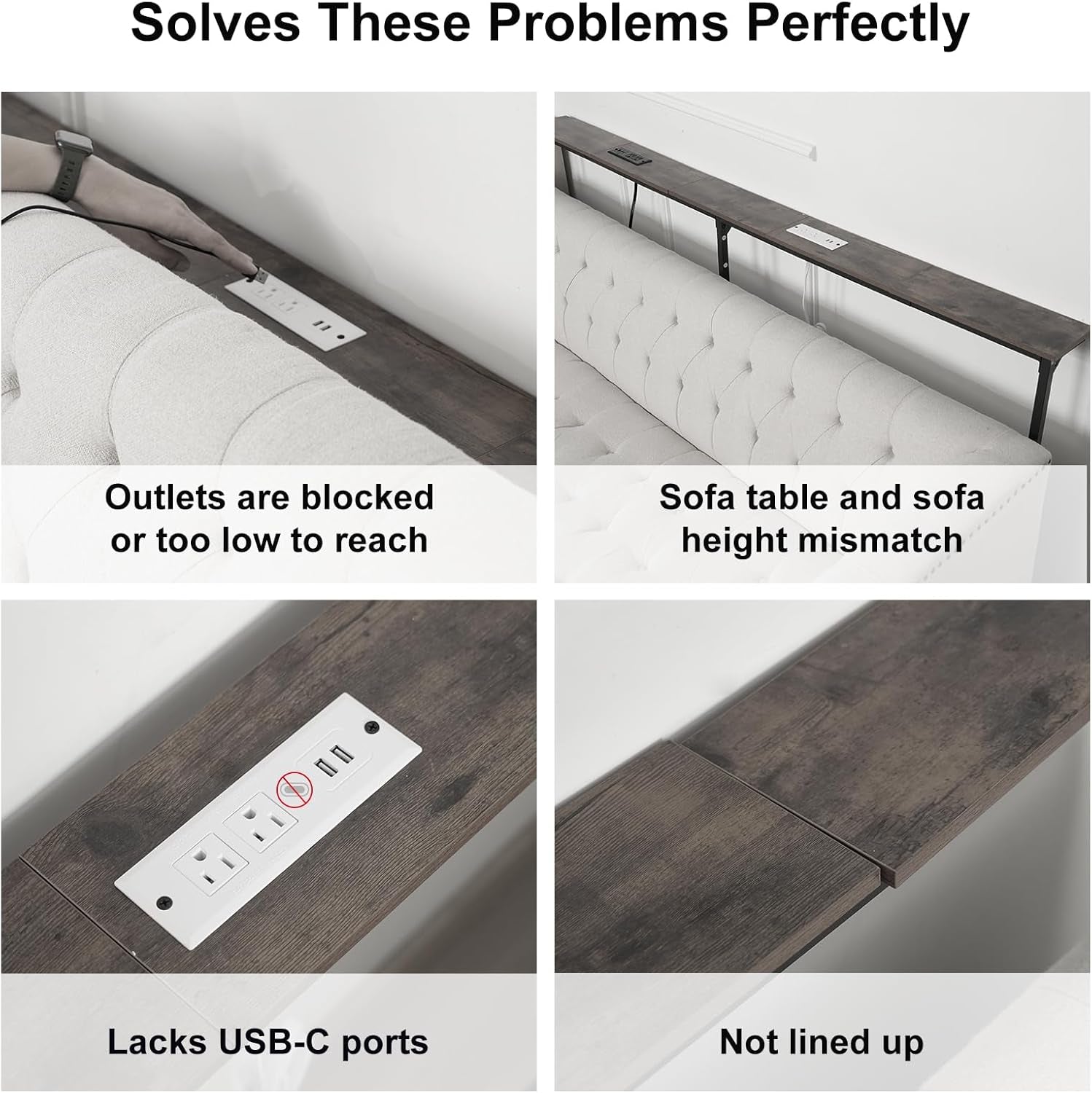 79In behind Couch Table Adjustable Height Sofa Table with Charge Station Narrow Console Table with LED Lights, Rustic Brown