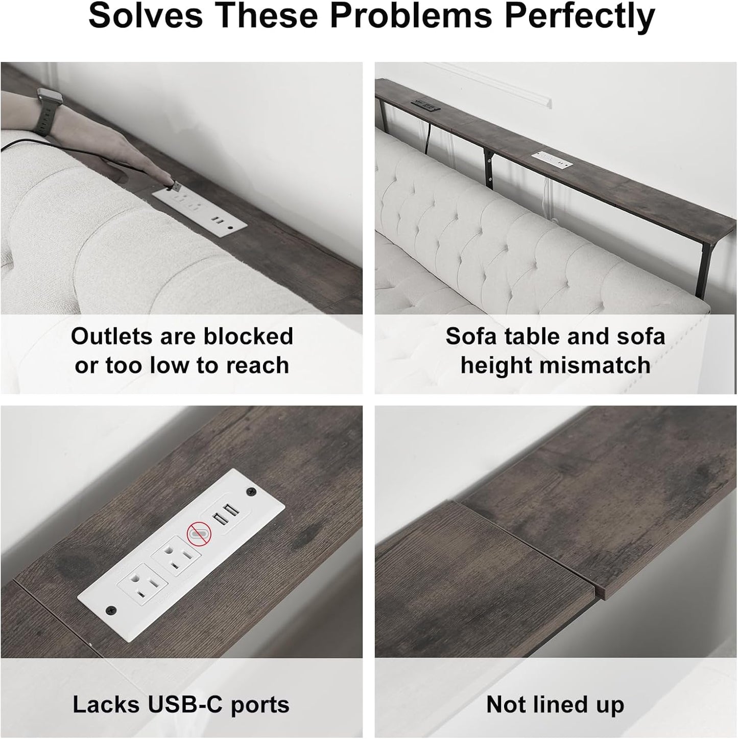 79In behind Couch Table Adjustable Height Sofa Table with Charge Station Narrow Console Table with LED Lights, Rustic Brown