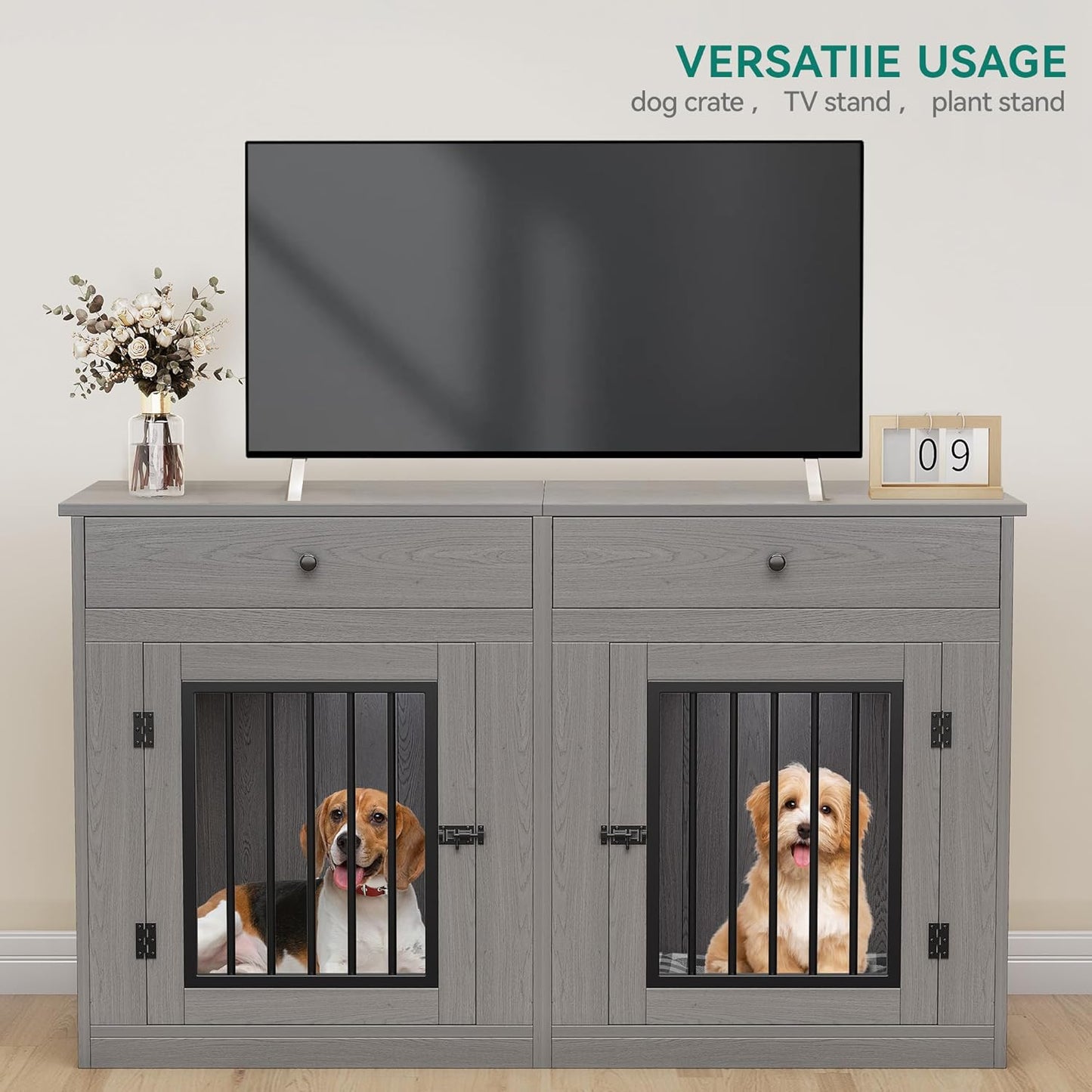 60" Wooden Dog Crate Furniture with Removable Divider & Storage Drawers, Double Door Kennel with Locks for Medium and Large Dogs, Multi-Functional Dog Crate End Table for Indoor Use, Grey