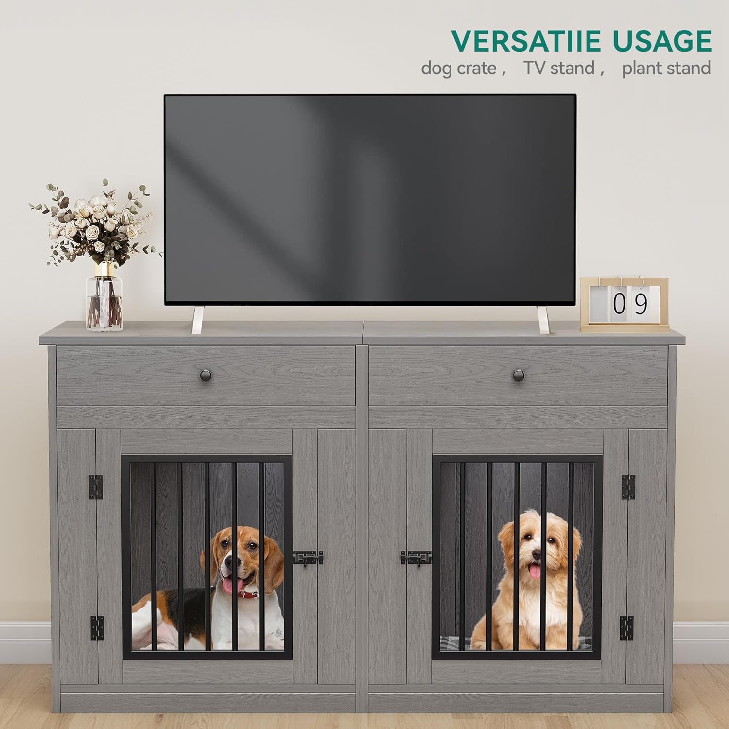 60" Wooden Dog Crate Furniture with Removable Divider & Storage Drawers, Double Door Kennel with Locks for Medium and Large Dogs, Multi-Functional Dog Crate End Table for Indoor Use, Grey