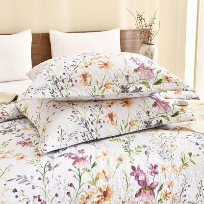 Cotton King Size Pillow Shams Set of 2 (20"X36"), Flowers Printed Pillow Covers Soft Breathable Envelope Closure Quilted Bed Pillows