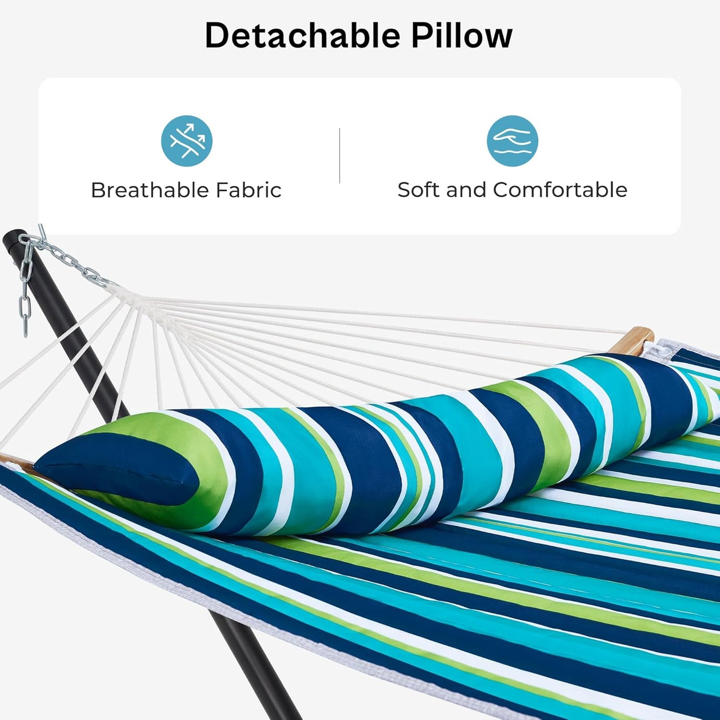 Hammock with Stand, 2 Person Heavy Duty Hammock with Padded Cotton, Detachable Pillow & Strong Curved-Bar & Portable Carrying Bag, Perfect for Outdoor & Indoor - Dark Cyan