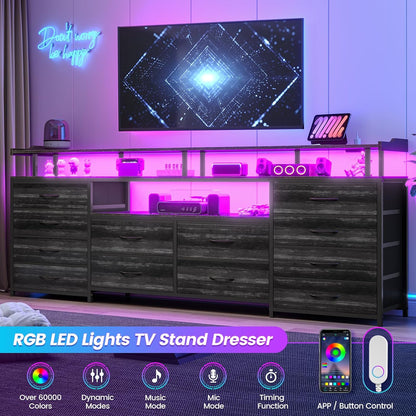 12 Drawers TV Stand Dresser for 65/70 Inch TV, Entertainment Center with LED Lights & Power Outlets, 63" Large LED TV Stand, TV Console for Bedroom