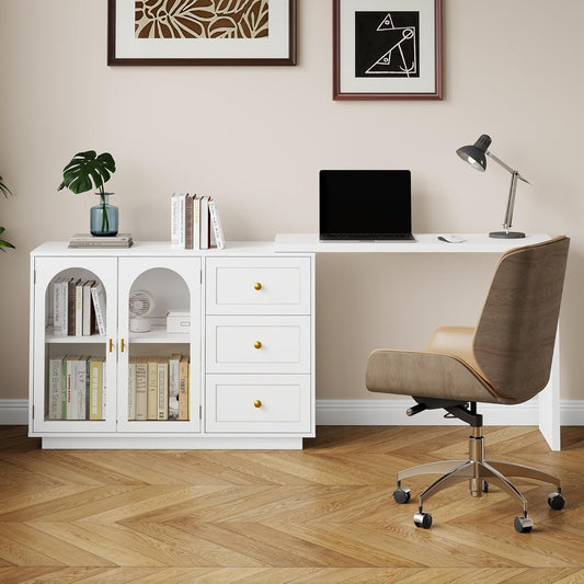 L-Shaped Computer Desk with 3 Drawers & 2 Doors, Modern Corner Desk with Rotatable Tabletop, Large Wood Writing Desk Work Station with Adjustable Shelves for Bedroom, Home Office