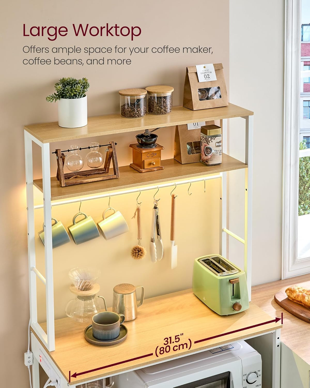 Coffee Bar with LED Lights, Kitchen Bakers Rack with Power Outlet, Microwave Stand with Adjustable Shelves, 8 Hooks, 15.7 X 31.5 X 65.7 Inches, Golden Oak and Matte White UKKS050Y01
