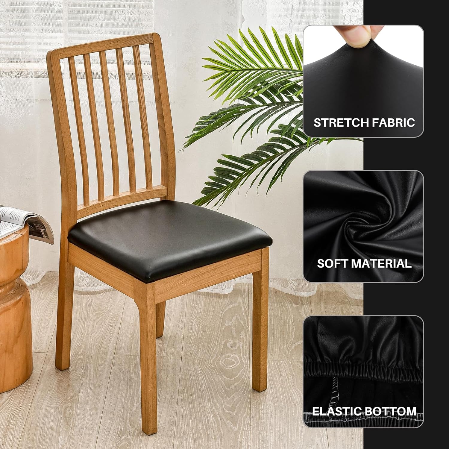 Waterproof PU Leather Seat Covers for Dining Chairs, 4 Pack Stretch Dining Room Chair Seat Covers, Kitchen Chair Seat Covers Protectors (Black)