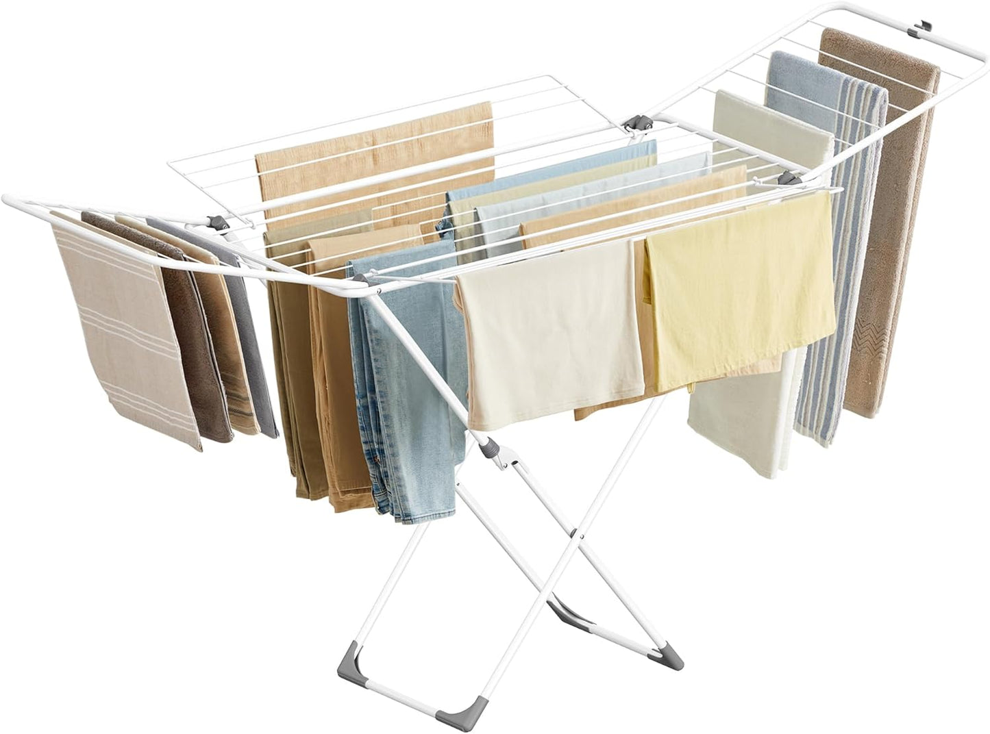 Clothes Drying Rack, Metal Laundry Drying Rack, Foldable, Space-Saving, Free-Standing Airer, with 2 Gullwings, Indoor Outdoor Use, Bed Linen Clothing, White ULLR540W01