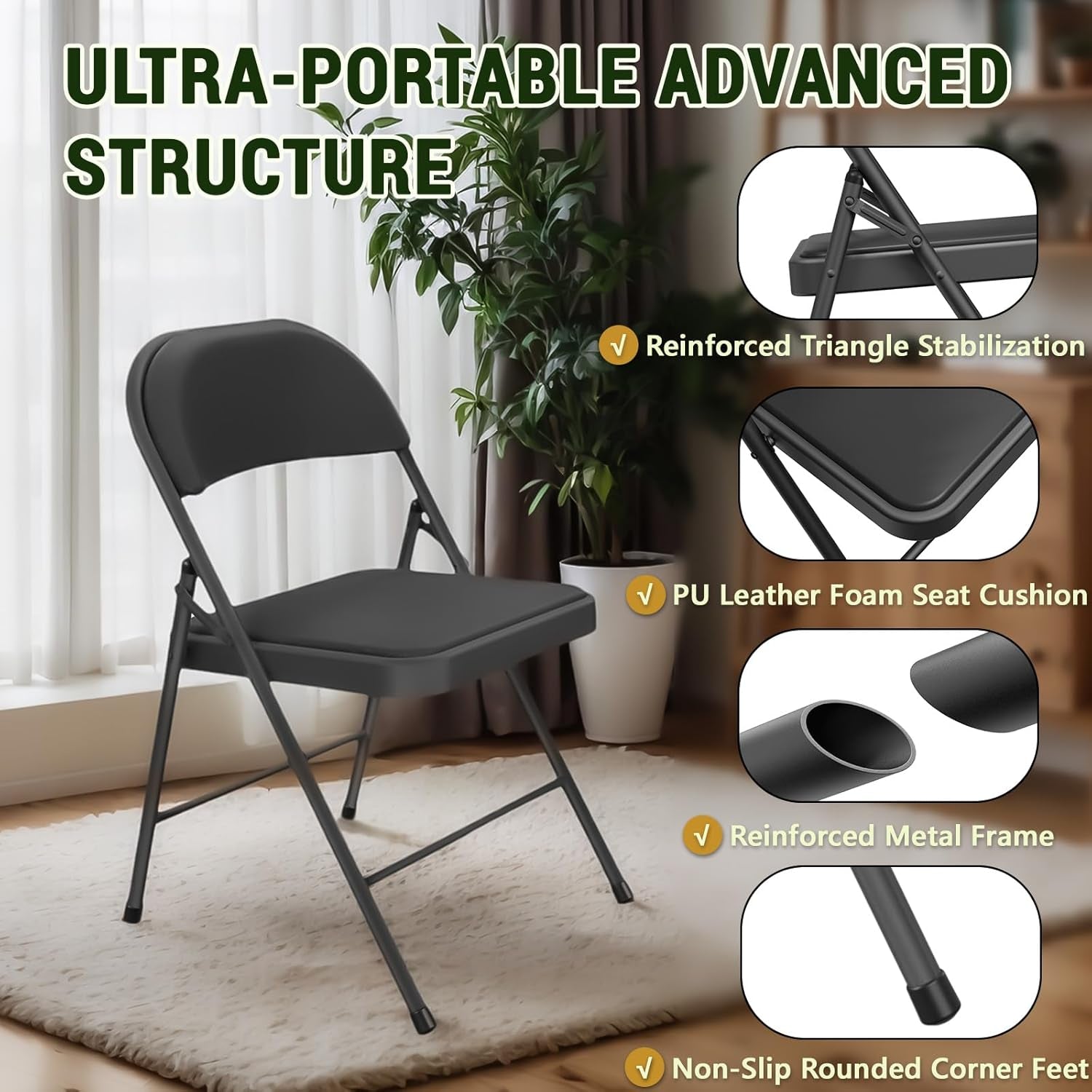 Folding Chair 4 Pack, Comfy PU Leather Padded Folding Chairs for outside and Indoor, Heavy Duty Portable Foldable Metal Commercial Seat for Home Office, Dorm, Party, Backyard, Lawn, Patio