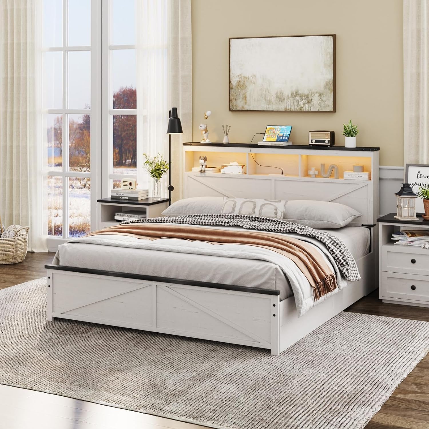 Farmhouse Queen Size Bed Frame with 48" Tall Storage Headboard, Wood Bedroom Platform Bed Frame No Box Spring Needed, 4 Storage Drawers Underneath, Adjustable LED Lights, Charging Station