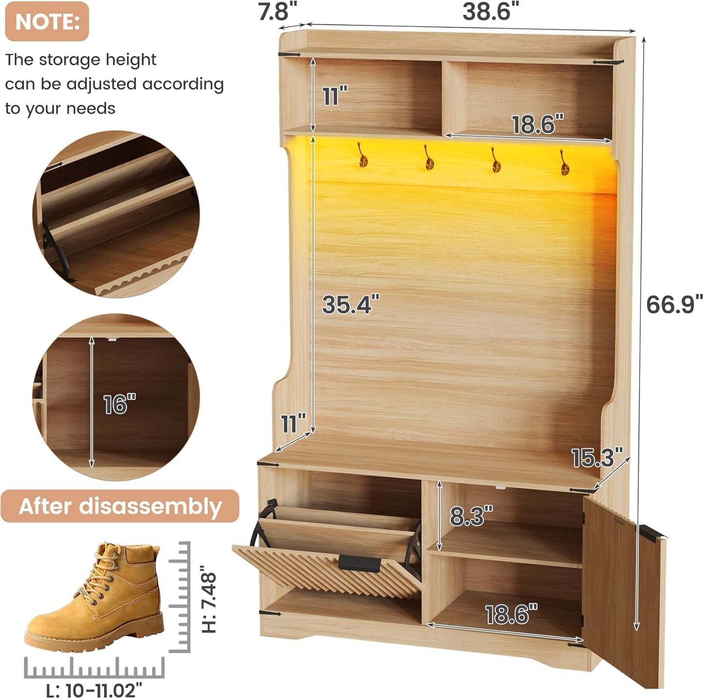 67" Entryway Hall Tree with Bench and Shoe Storage, 5-In-1 Coat and Shoe Rack, Mudroom Bench with Storage and 4 Hooks, Adjustable LED Sensor Light, Modern Boho Fluted Coat Tree, Walnut