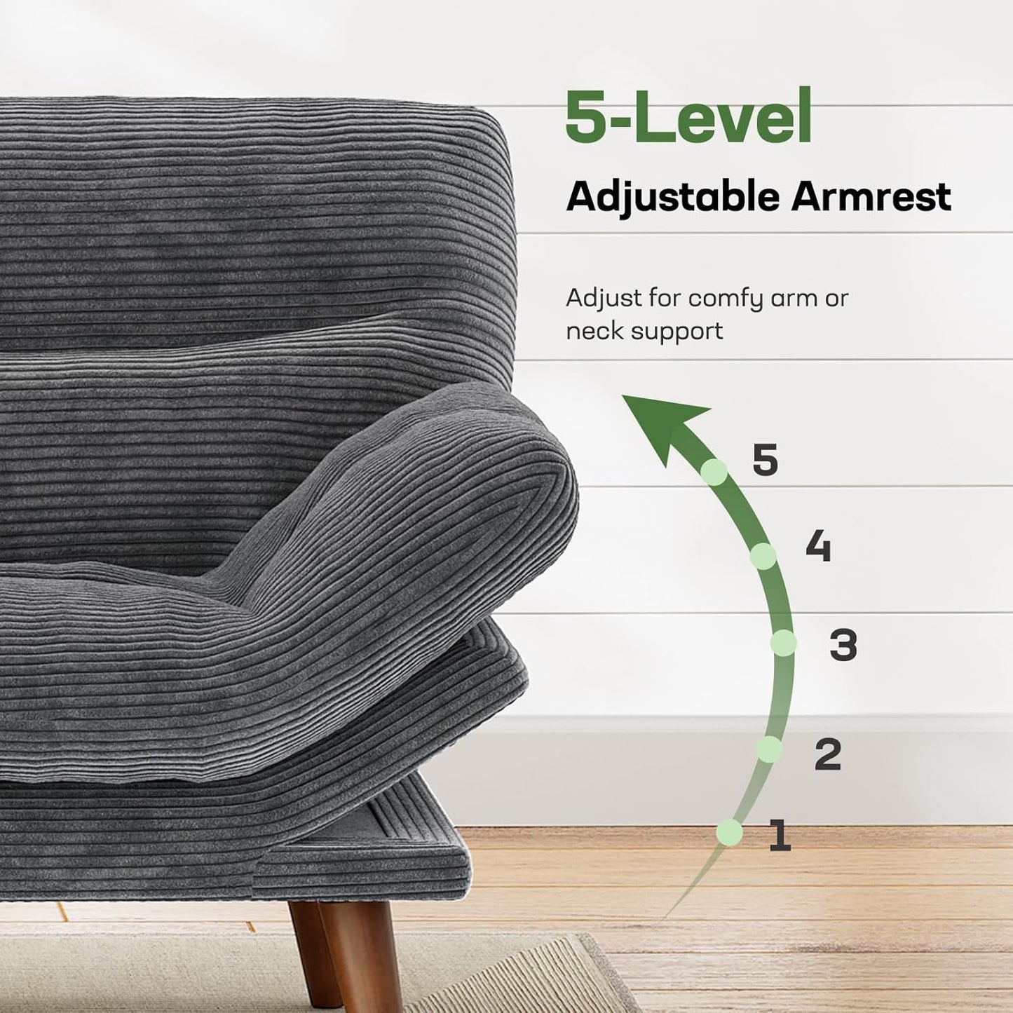 66.1" Futon Sofa Bed, Corduroy Convertible Futon Couch with Adjustable Backrest & Armrests, Small Sleeper Sofa Loveseat for Small Apartments, Study Room, Office, Grey