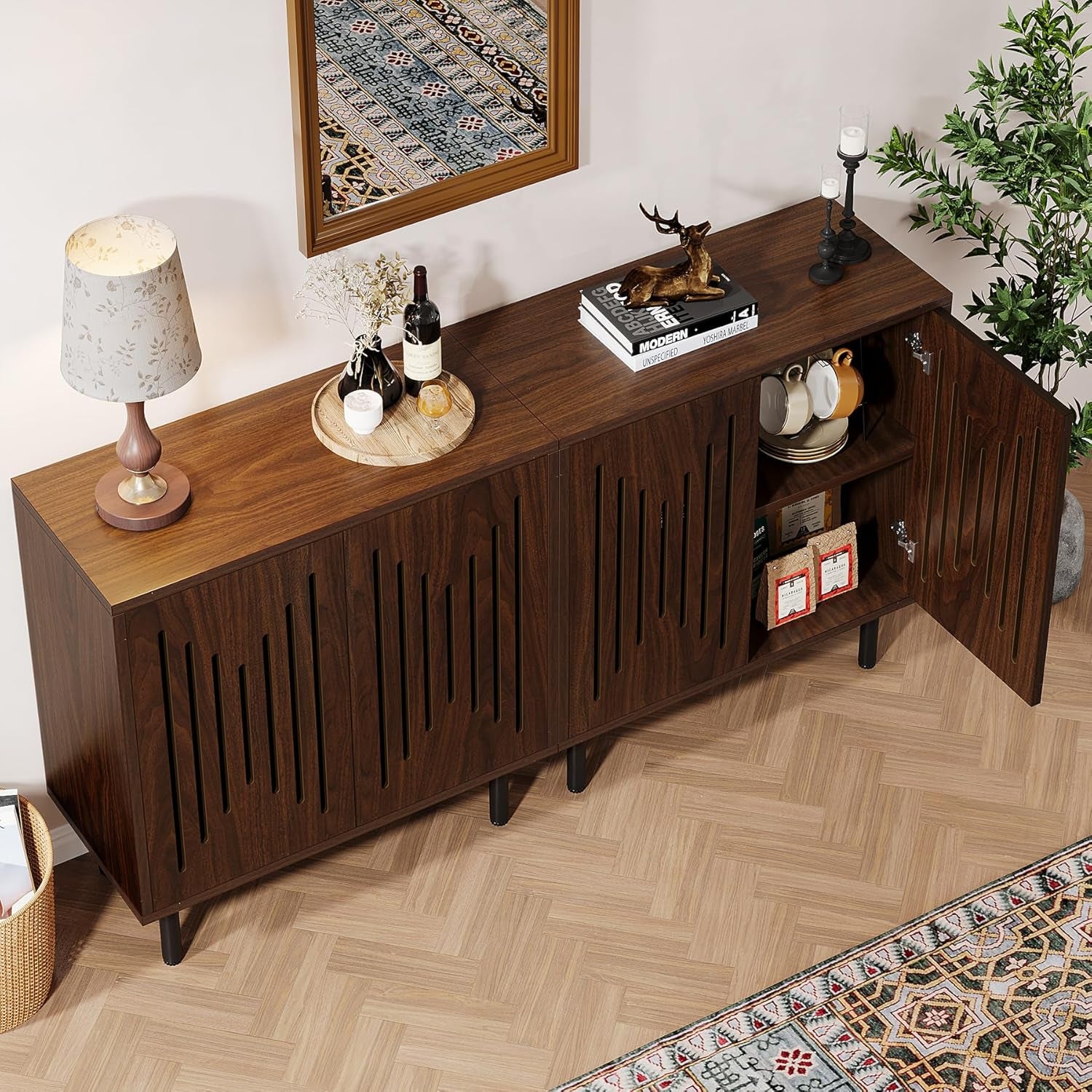 Set of 2 Sideboard Buffet with Storage, 59" Buffet Sideboard Cabinet with Adjustable Shelves, Accent Storage Cabinet for Living Room, Dark Brown