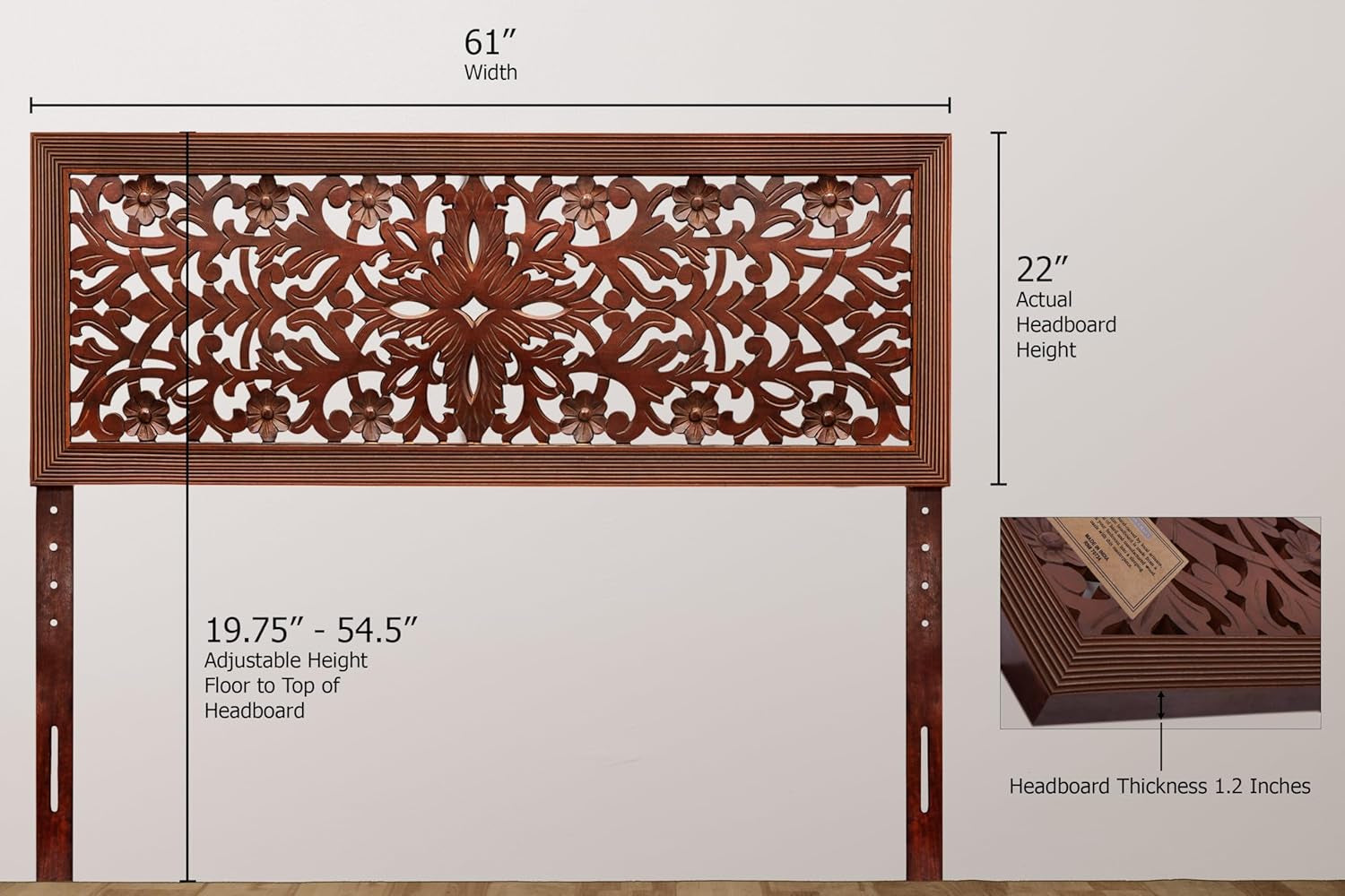 Solid Wood Sturdy Queen Headboard - Compatible with All Bed Frame - Intricate Hand Carved Rajasthan Motif - Bohemian Transitional - Beautiful for Any Bedroom - Rustic Antique Brown