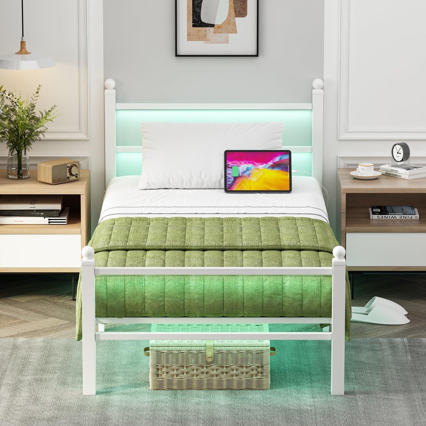 Twin Size Bed Frames with Charging Ports&Led Lights,Heavy Duty Metal Slats Support,No Box Spring Needed,Noise Free,No Squeak,Easy Assembly,For Girls Kids,White