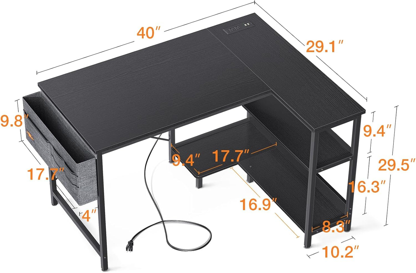 40 Inch Small L Shaped Gaming Computer Desk with Power Outlets, Reversible Storage Shelves & PC Stand for Home Office, Simple Writing Study Table with Storage Bag for Small Space, Black