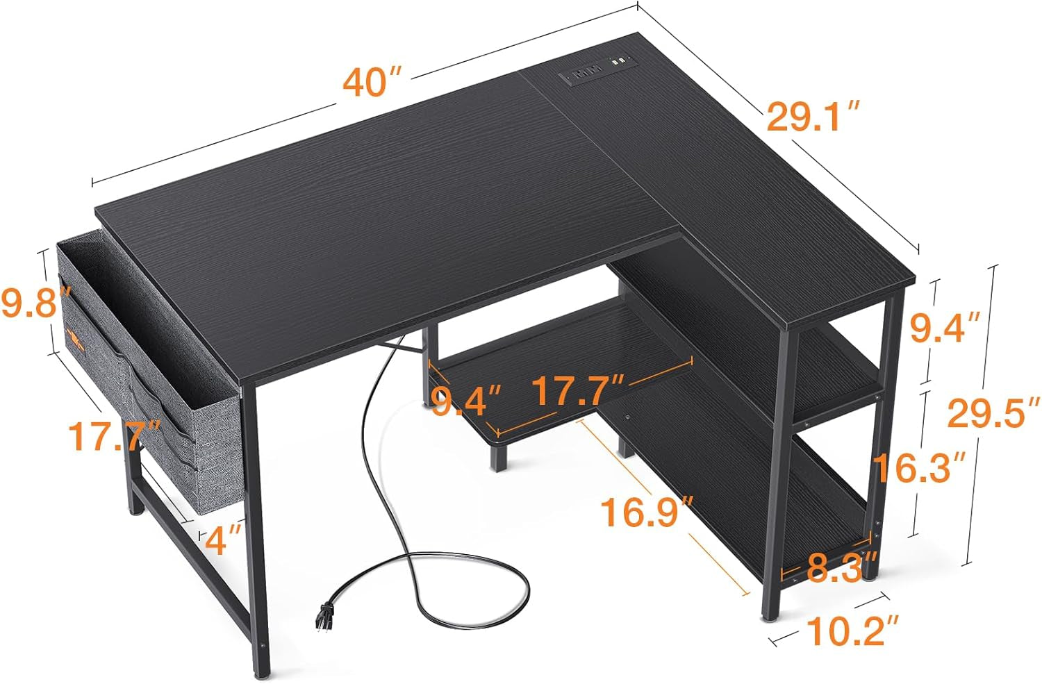 40 Inch Small L Shaped Gaming Computer Desk with Power Outlets, Reversible Storage Shelves & PC Stand for Home Office, Simple Writing Study Table with Storage Bag for Small Space, Black