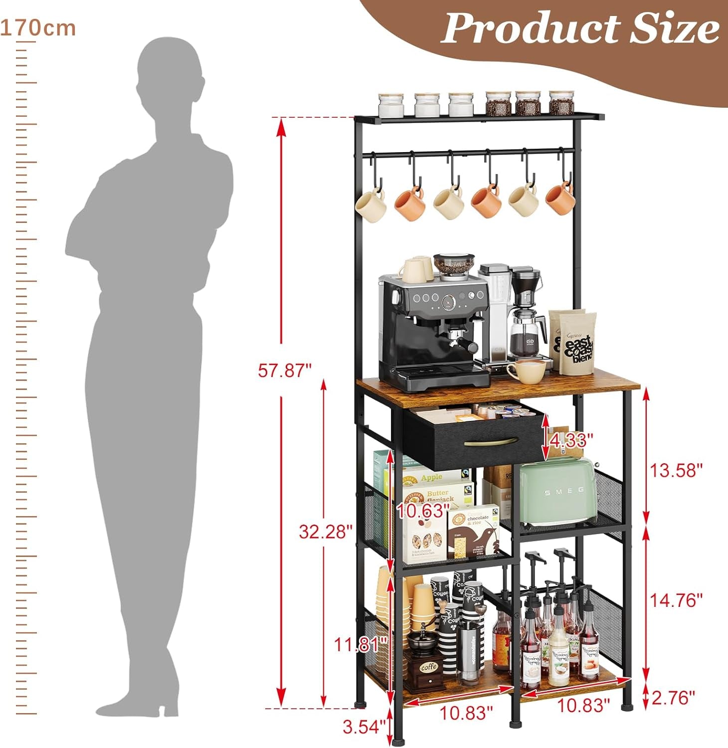 Coffee Bar Stand Station with Storage Drawer, Extended Worktop Coffee Table, Farmhouse Corner Bar Cabinet for Small Spaces, Barkers Rack & Home Bar for Entryway, Living Room